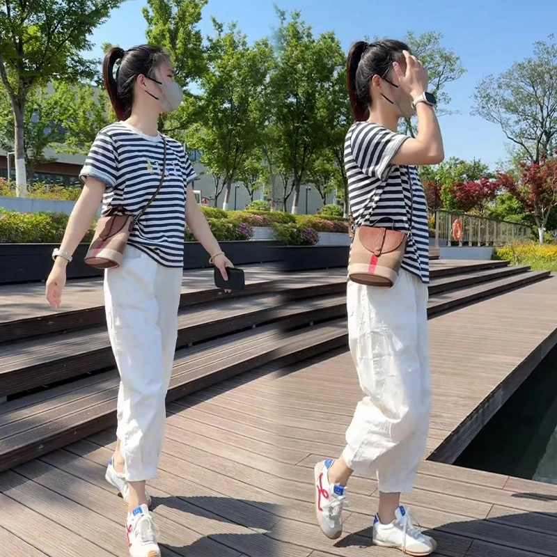 夏季韩系简约薄款时尚条纹短袖T恤显瘦小个子九分阔腿休闲裤套装