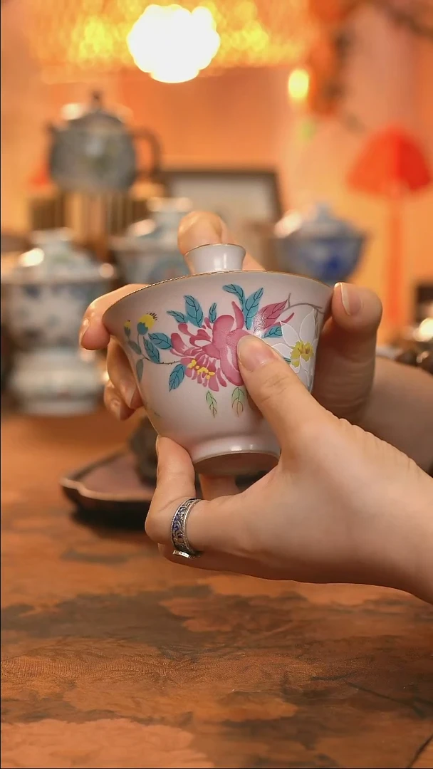 东岳窑汝窑芙蓉若水盖碗桃粉