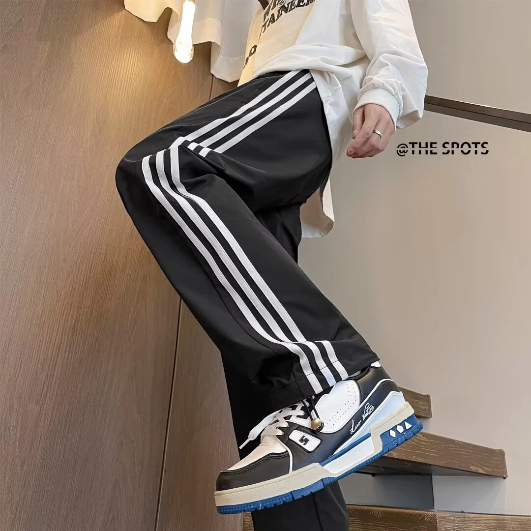 新款百搭条纹速干休闲裤子春夏秋潮流宽松直筒长裤男青年运动裤子