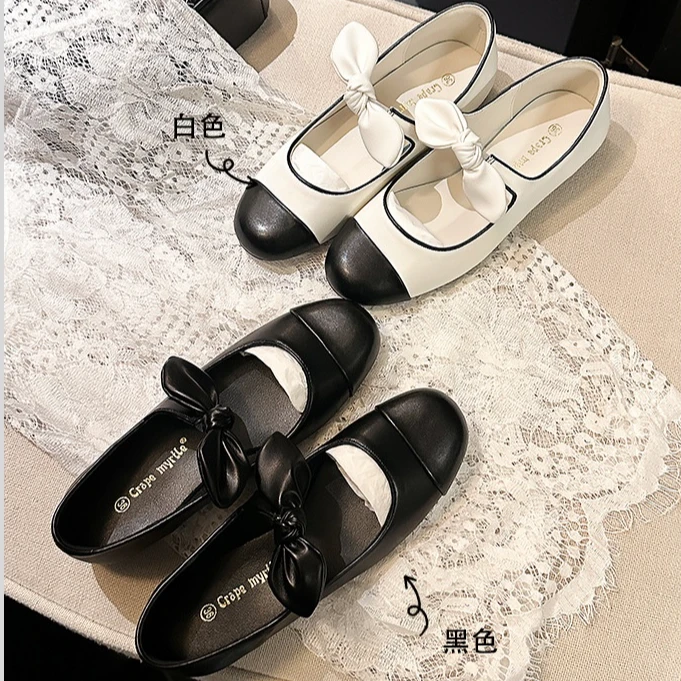 工厂店~2025早春新款小香风圆头蝴蝶结平底芭蕾单鞋女软皮玛丽珍