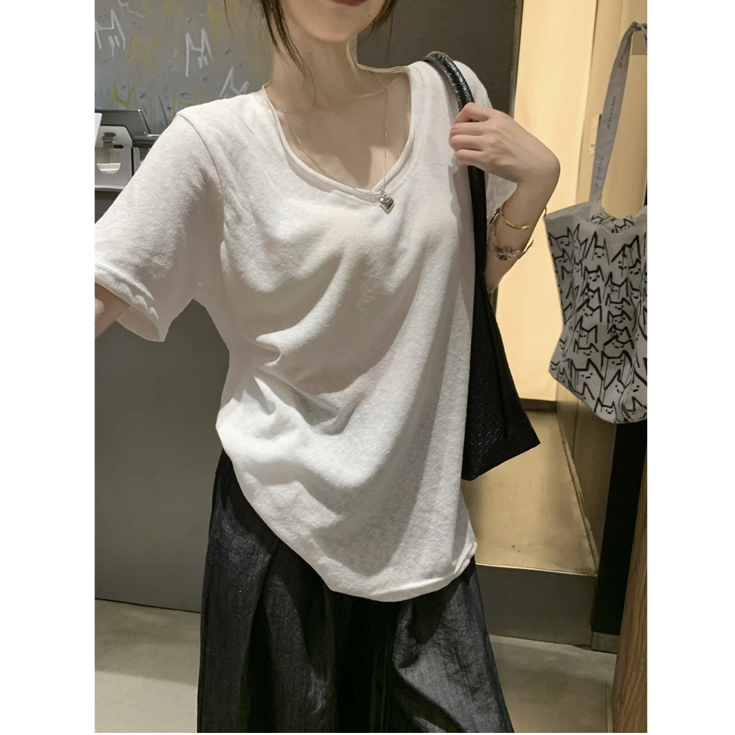 夏季休闲松弛感雪花肌理卷边V领短袖宽松慵懒T恤上衣
