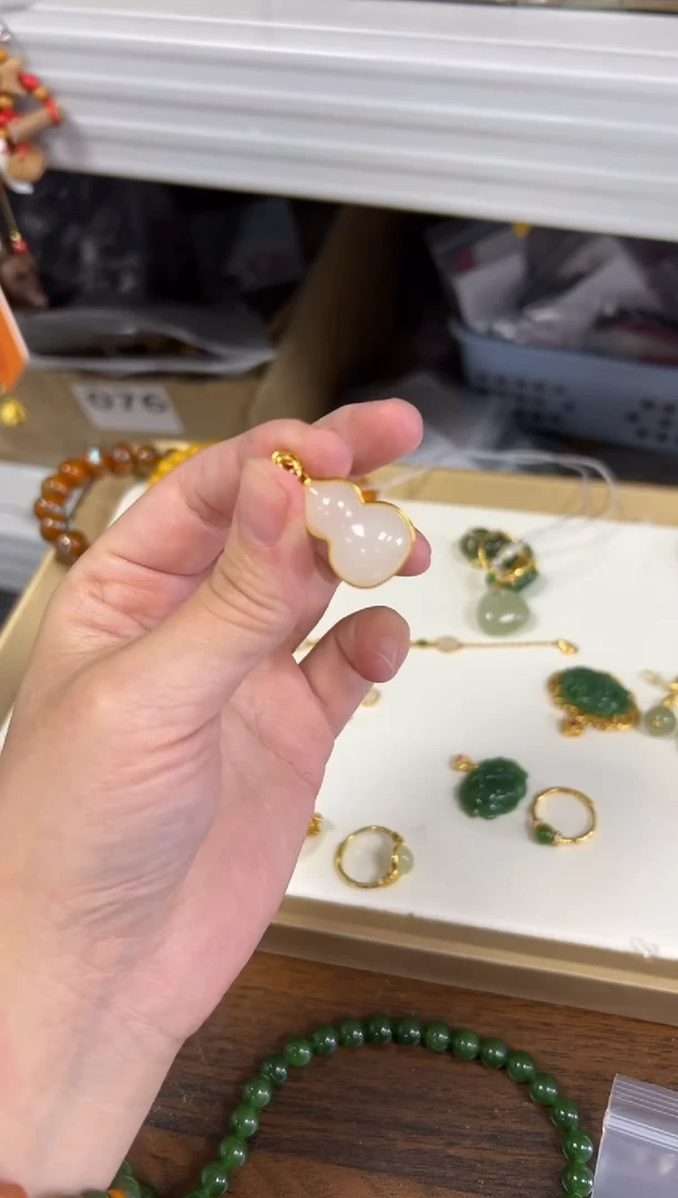 项链银S925镶嵌和田玉和田玉白玉双面葫芦银镶嵌吊坠[4860]