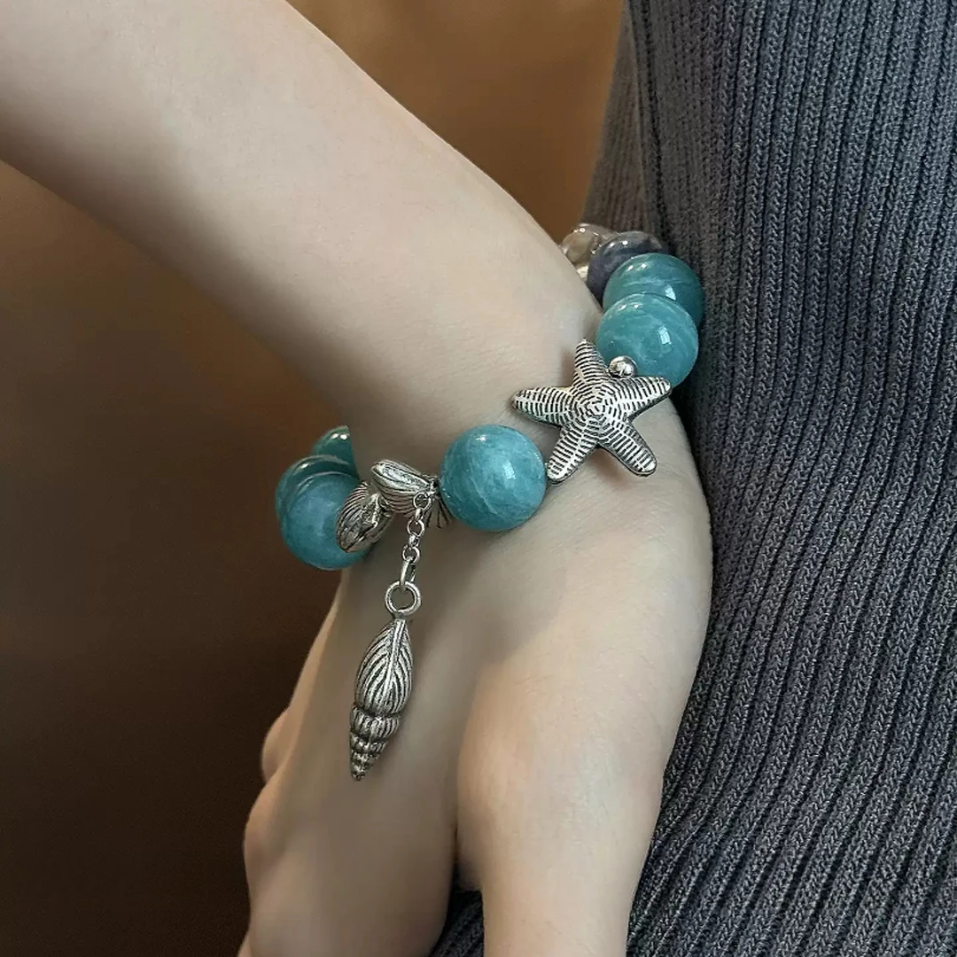 S11155<非晚>s925银天河石蓝晶石海蓝宝蓝纹玛瑙白水晶扇贝手串