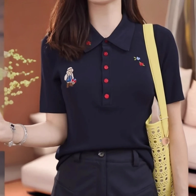 卡通小熊刺绣翻领短袖T恤女2025夏季新款休闲百搭显瘦POLO衫上衣