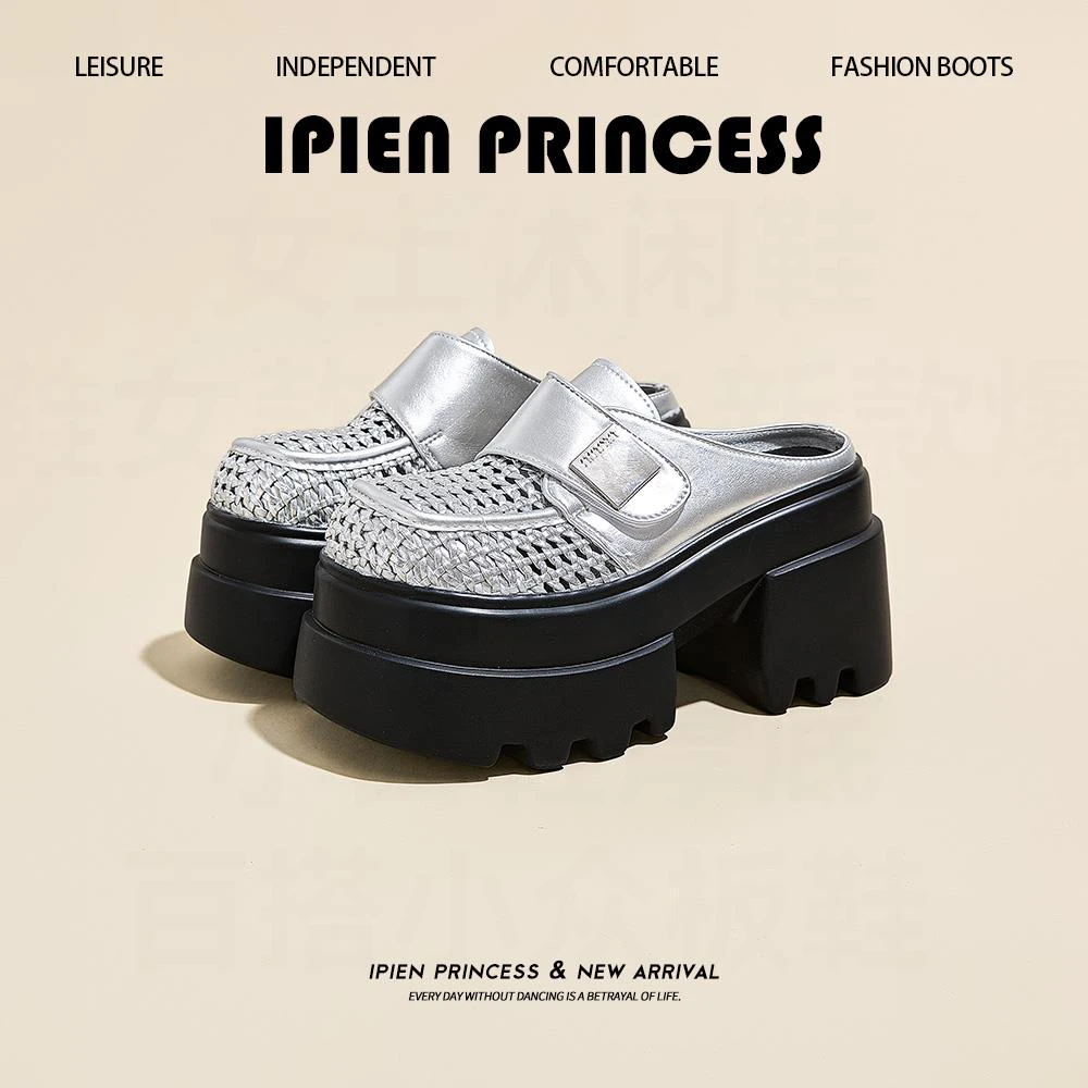 10cm厚底增高小个子百搭包头半拖2025夏季新款松糕鞋银色洞洞鞋女