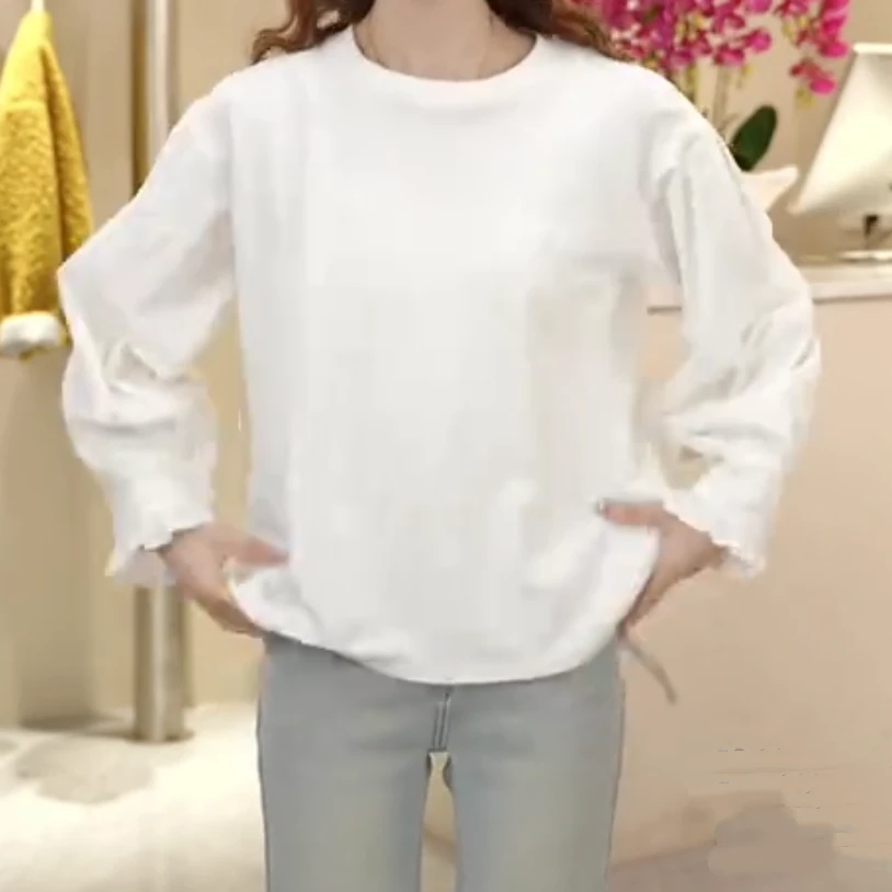 圆领拼接衬衣泡泡袖百搭时尚内搭T恤2025新款春季法式气质白衬衣
