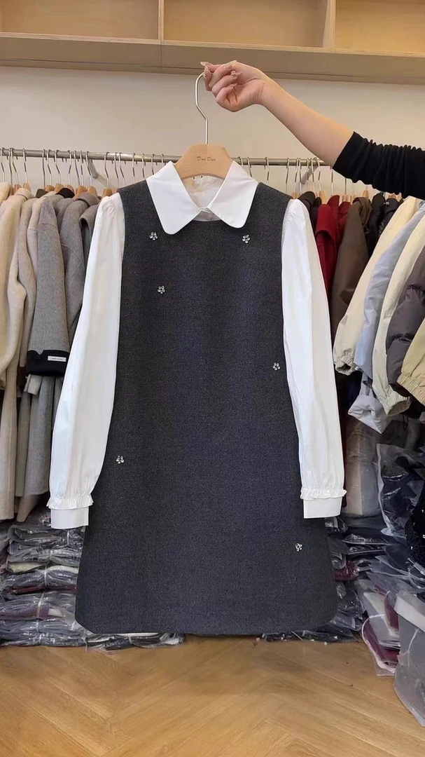 冬季法式千金风立体订花呢料背心连衣裙女叠穿减龄白衬衫两件套装