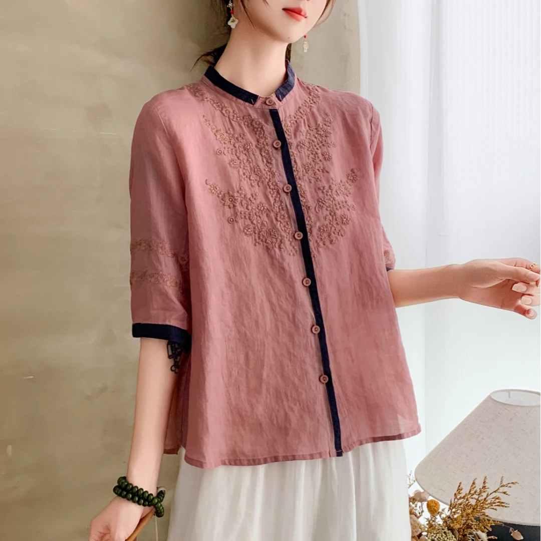 2025夏季复古文艺苎麻短袖衬衫女宽松刺绣小立领五分袖气质上衣