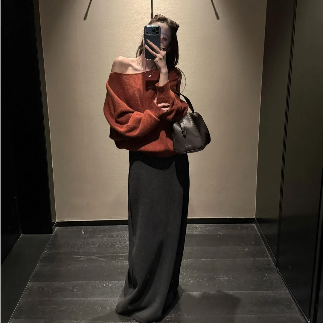 设计感露肩针织毛衣女2025新款韩系穿搭秋冬季百搭半身长裙两件套