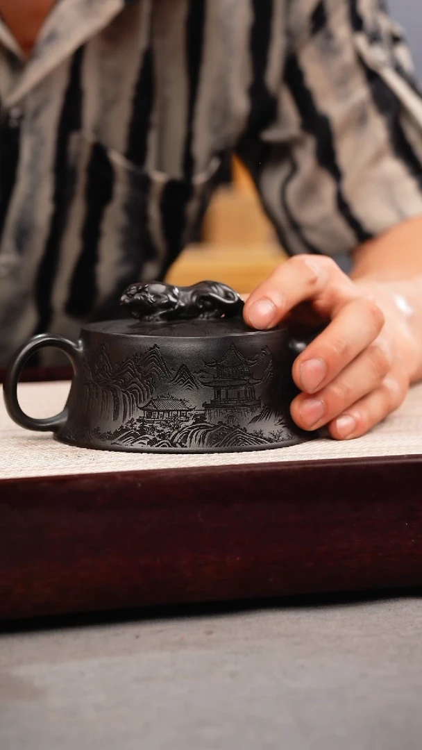 茶壶紫砂石黄 虎钮柱础 刻绘