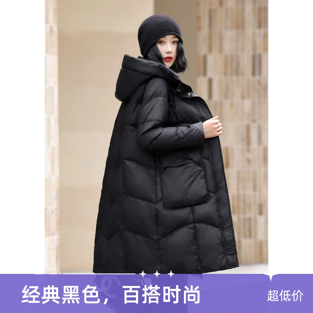 时尚搭配经典复古宽松显瘦冬季保暖连帽羽绒服外套中长款冬装