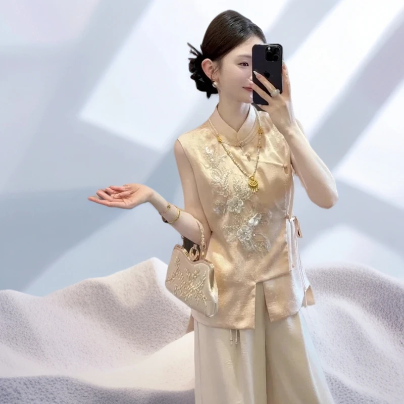 新中式国风套装女大码胖mm无袖马甲上衣阔腿裤禅意独特高级两件套