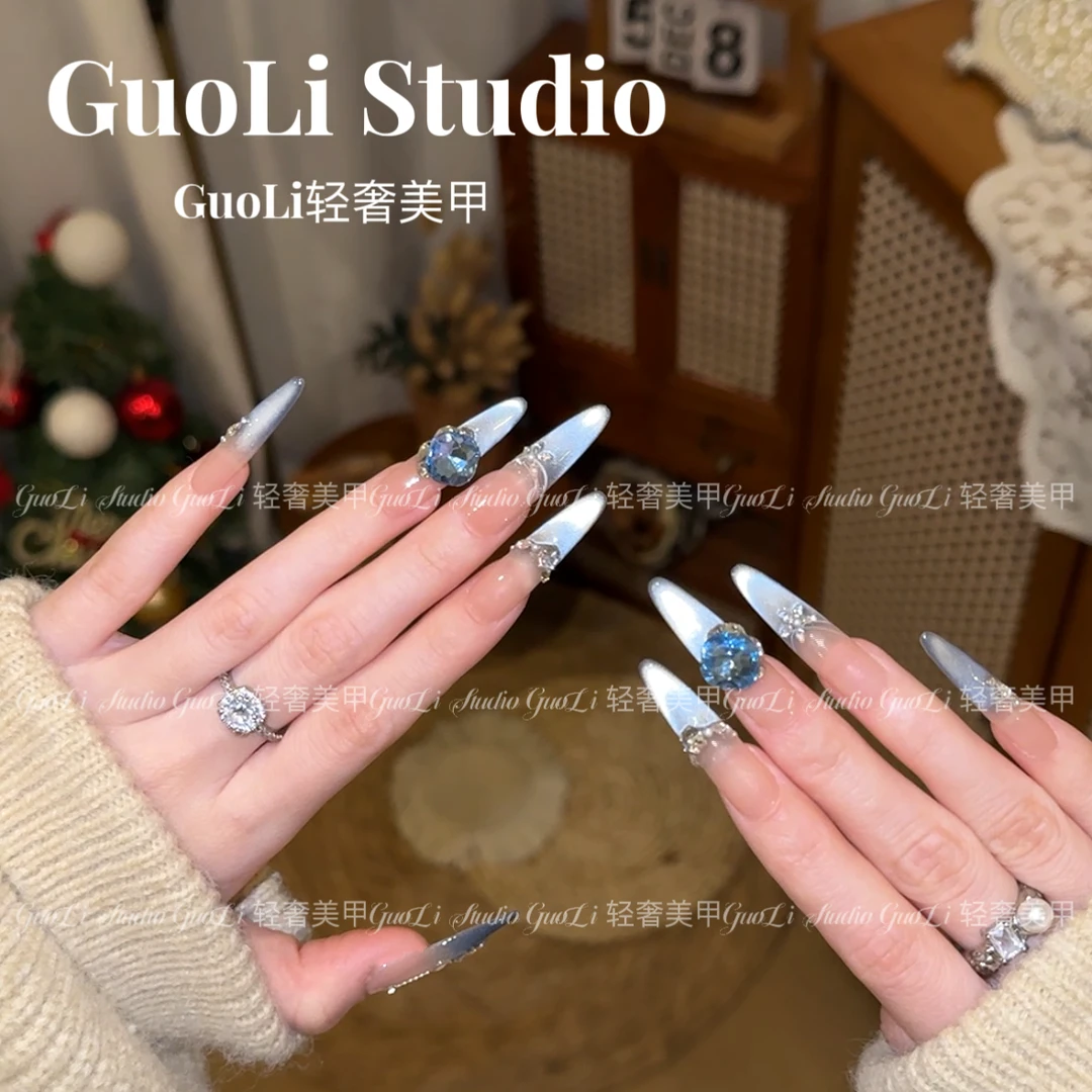 《海月》GuoLi纯手工穿戴甲气质女神爆闪堆钻纯欲显白绸缎猫眼长款i