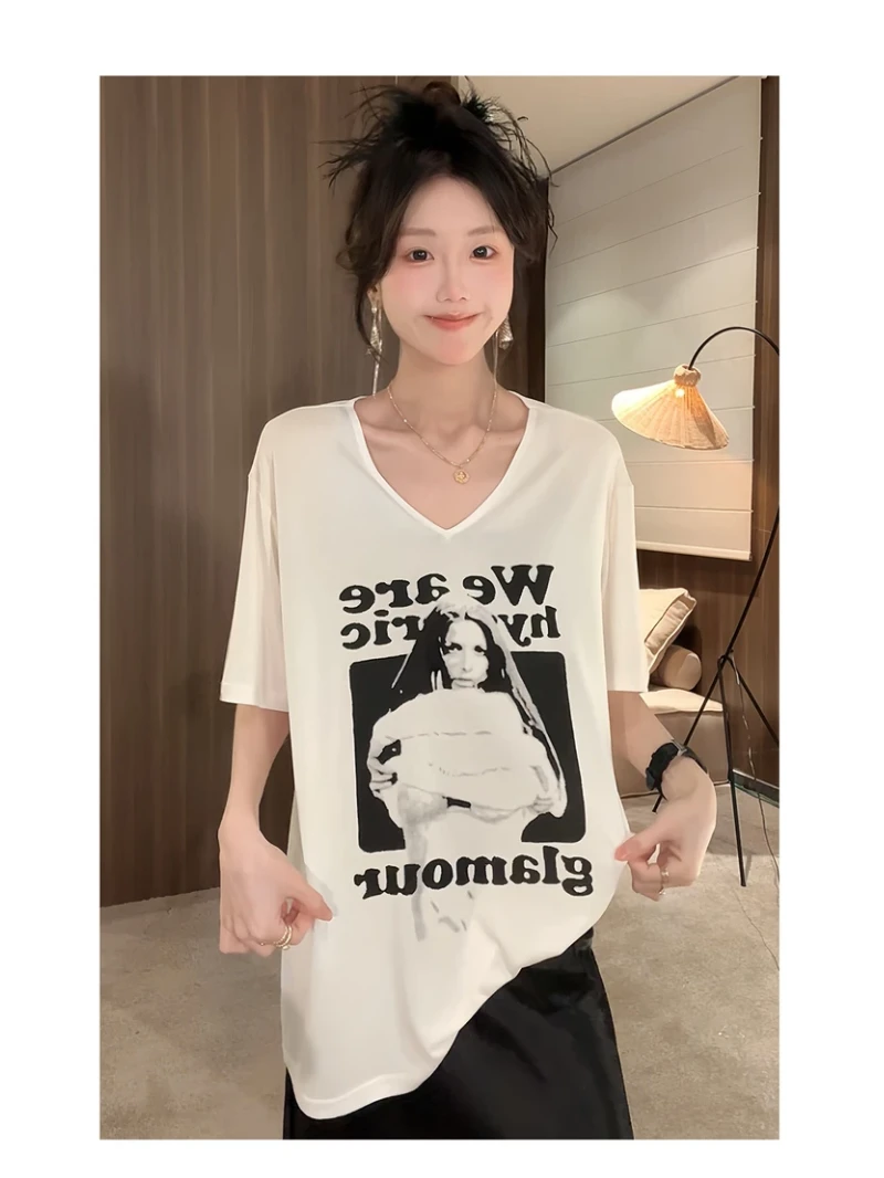 【复古V领】英文大领口宽松oversize高级春夏季五分袖短