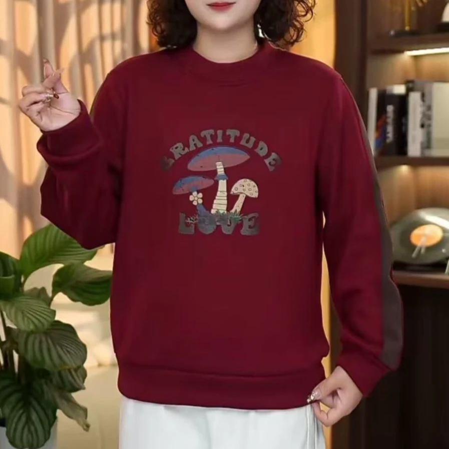 【冬款加绒】新款蘑菇印花洋气时尚休闲百搭宽松显瘦长袖女T恤卫衣