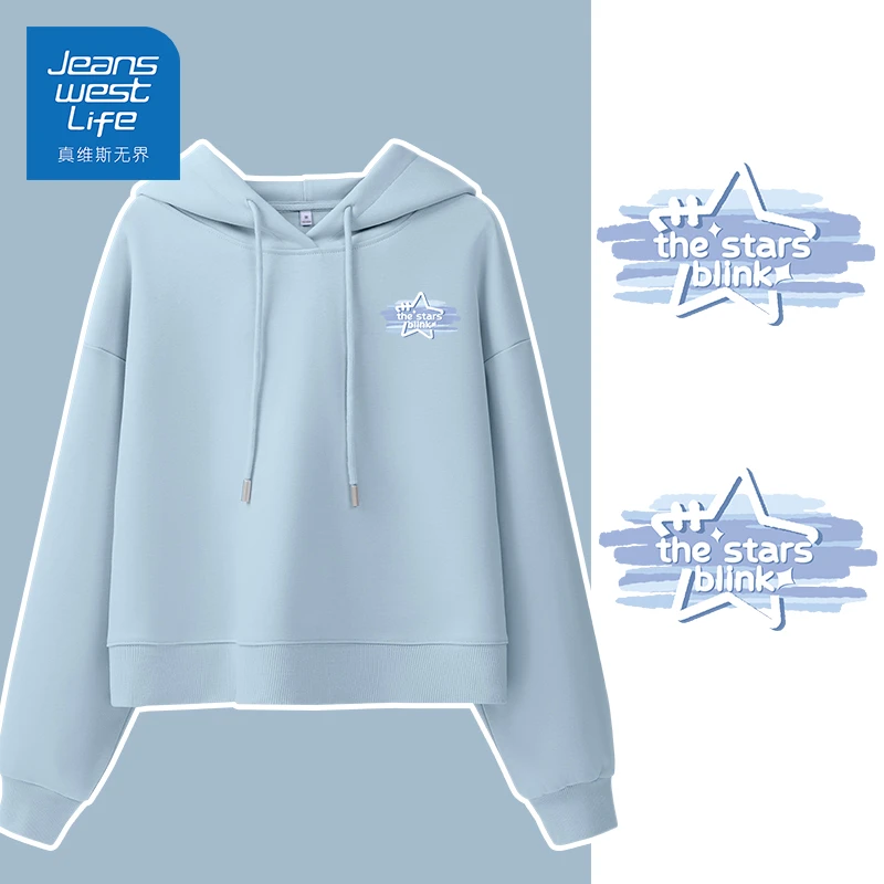 真维斯无界春秋爆款时尚连帽短卫衣长袖显瘦雾霾蓝多巴胺穿搭印花