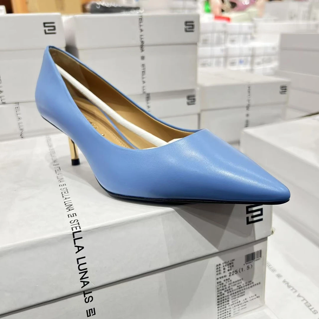 LUNA露娜 高跟鞋烟管跟专柜正品断码清仓牛皮真皮时尚气质蓝色