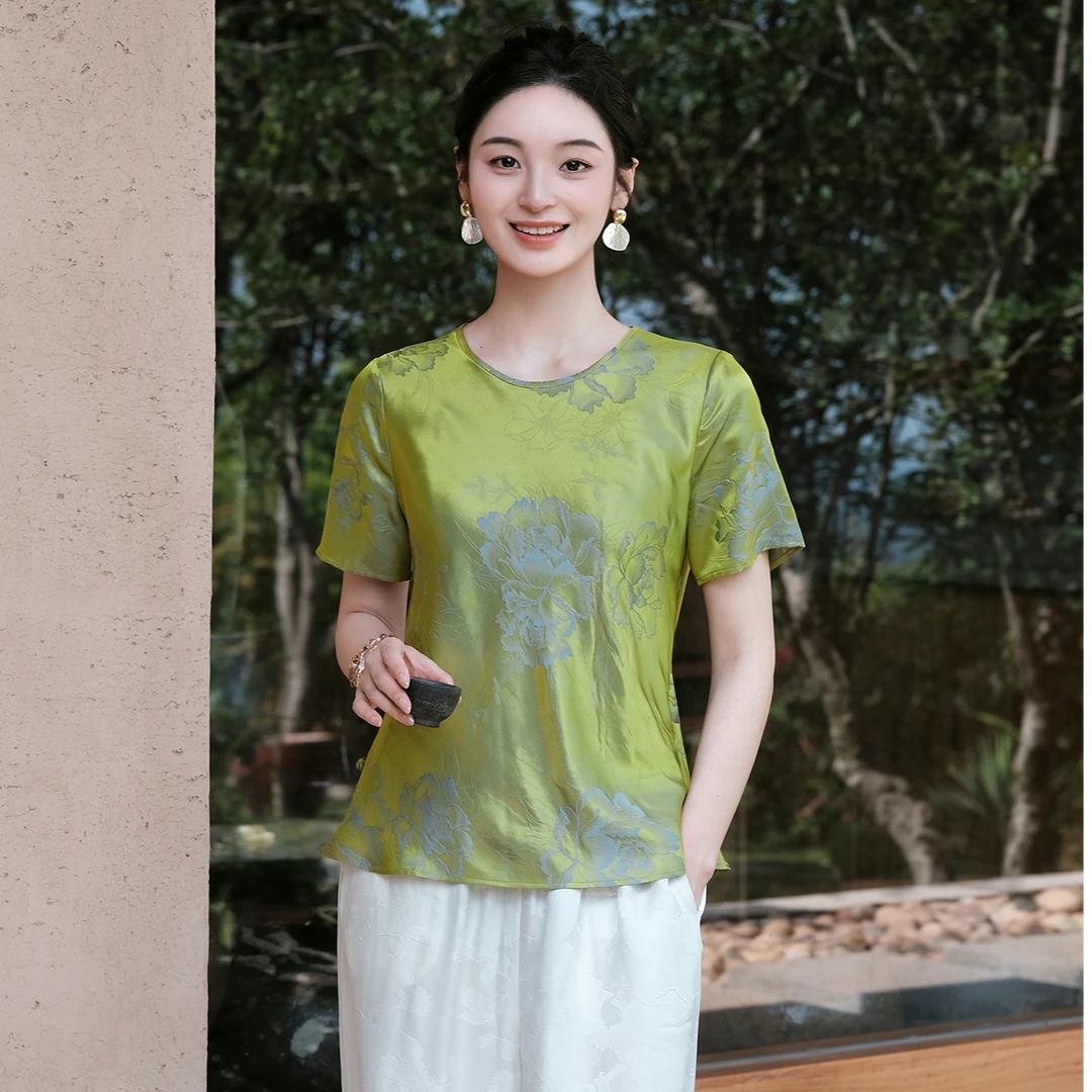 盛唐婧|桑蚕丝牡丹提花修身国风简约短袖——绿色
