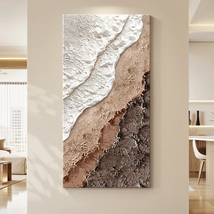 奶油风入户门玄关装饰画北欧侘寂风肌理画抽象海浪挂画客厅墙壁画