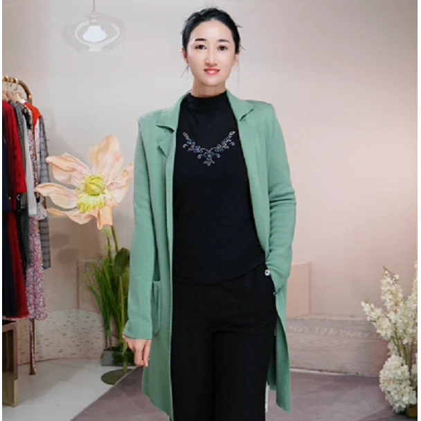 声雨竹女装专柜秋冬服饰纯色羊毛翻领修身长袖休闲毛衣秋冬厚外套