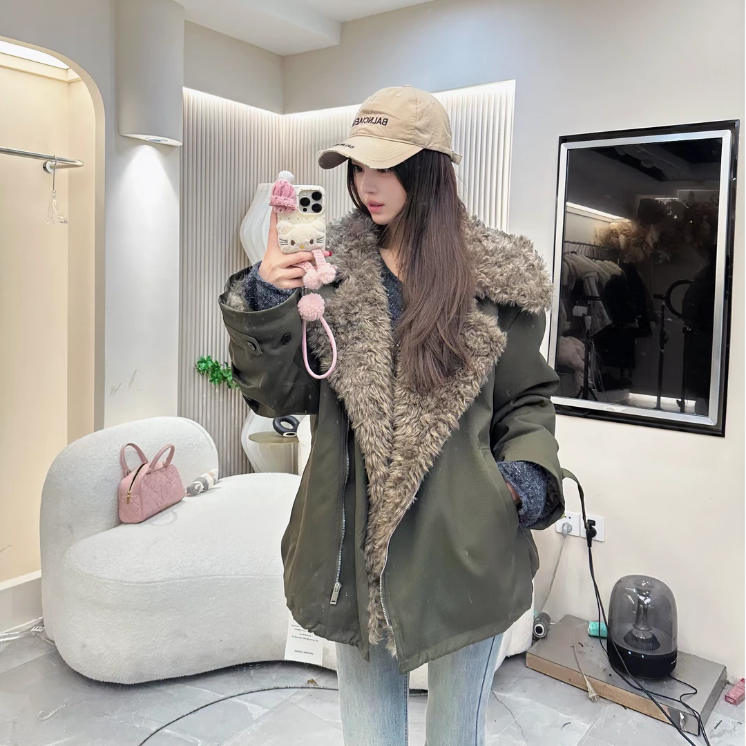 （YI家）2024冬季侧拉链韩系外套海军大翻领羊羔毛时尚百搭外套