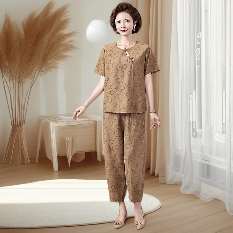妈妈装时尚套装夏季短袖高级感高档复古洋气盘扣女士宽松版套装