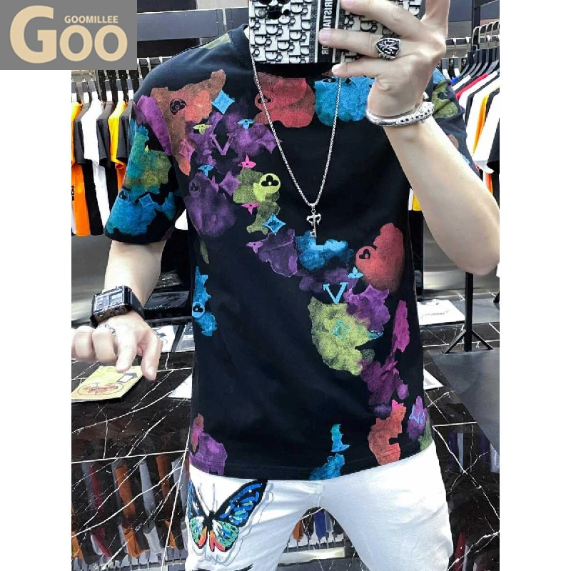 欧货男士高端印花纯棉短袖t恤潮牌时尚2025夏季新款男款轻奢半袖