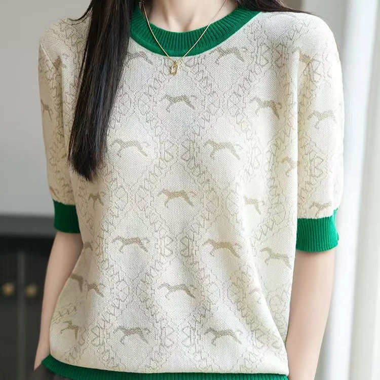 【圆领金丝小马绿色】时尚减龄新款时尚短袖针织短袖T恤209