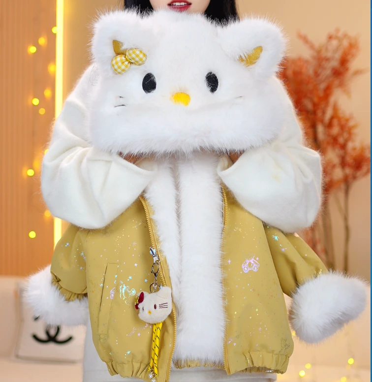 女翻领法式秋冬连帽冬季皮面三防外套童装毛绒生日礼物卡通F423