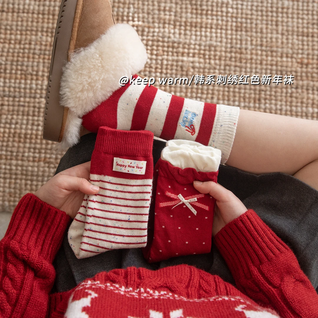 女童红色新年袜秋冬精梳棉儿童无骨中筒袜韩版中大童女孩大红潮袜