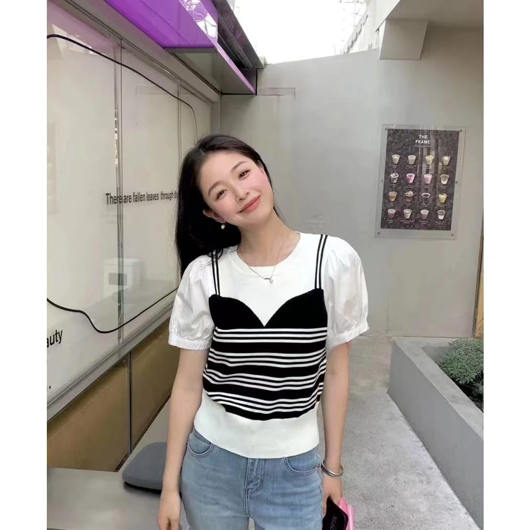 2025夏季女装条纹拼接假两件针织短袖t恤息季新款设计感显瘦上衣