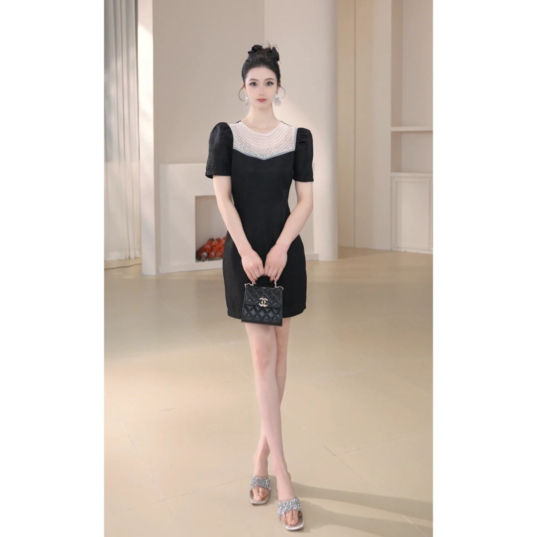 9034显瘦名媛时尚夏季黑色法式拼接复古气质收腰设计感连衣裙