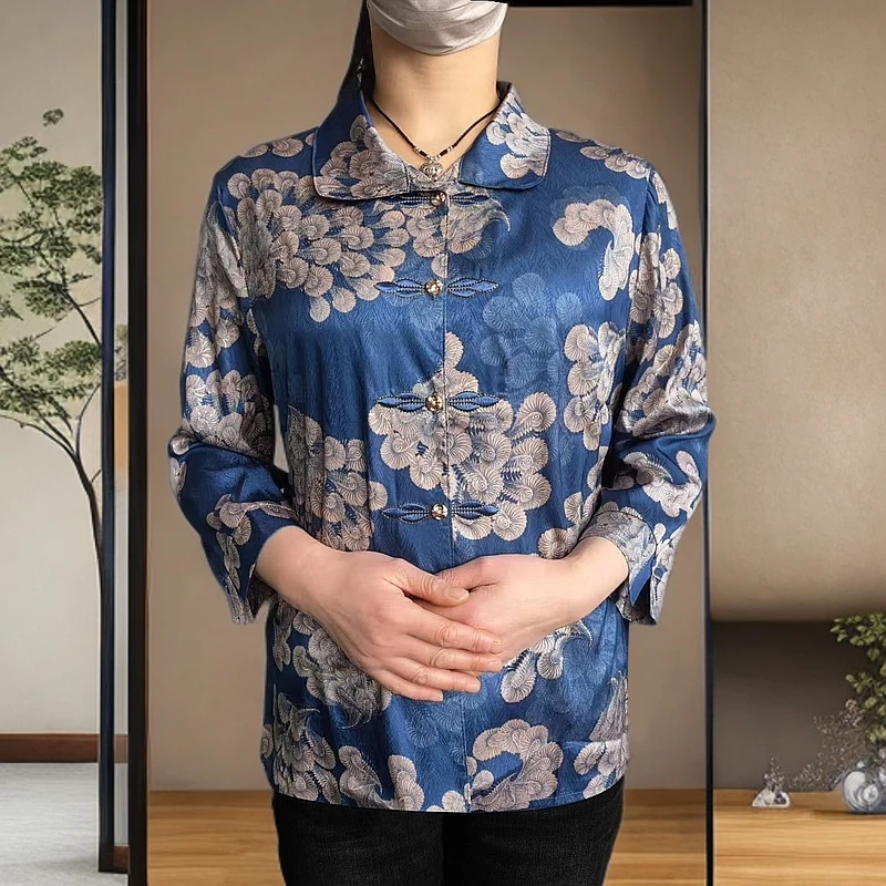 8857夏季新款妈妈装中袖衬衫老奶奶休闲宽松七分袖子上衣B15-1-2