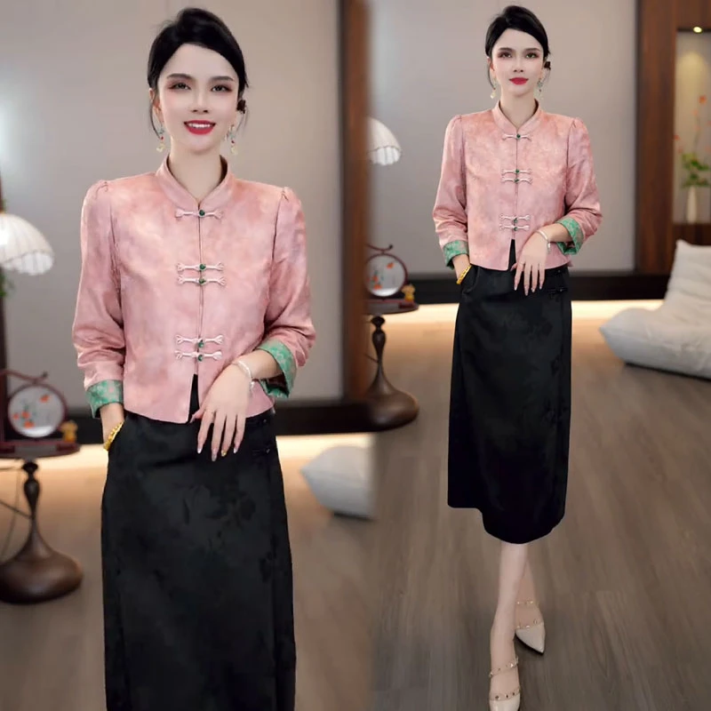 粉色套装裙女2025秋季新款洋气显瘦复古国风长袖外套半身裙两件套