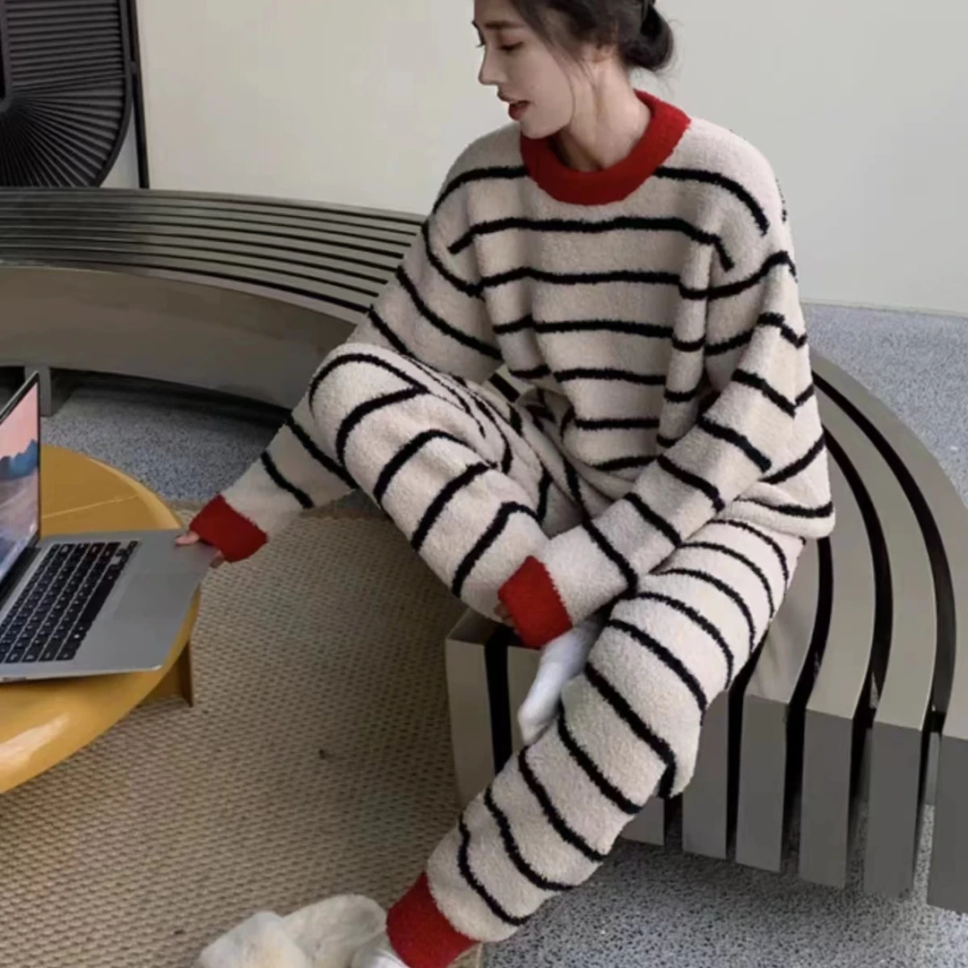 半边绒撞色条纹睡衣家居服套装加绒加厚秋冬新款时尚长袖ins圆领