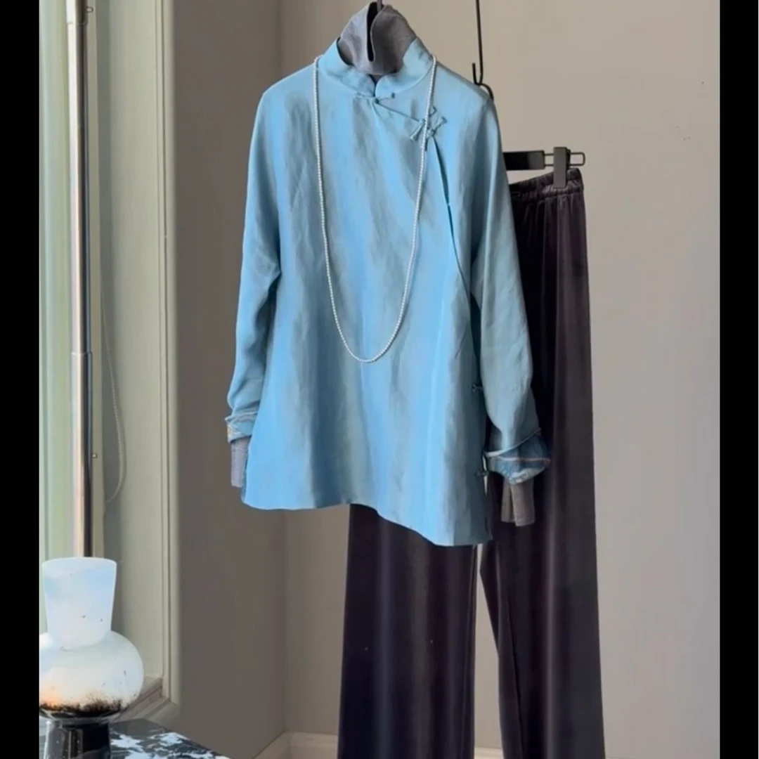 2025春季新款蓝色新中式衬衫高级设计感斜襟盘扣垂感阔腿裤套装女