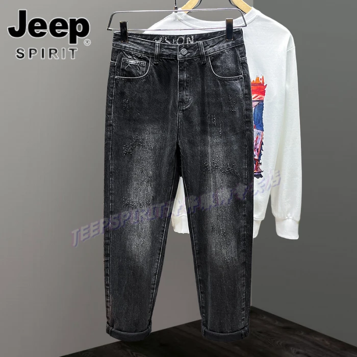 Jeep吉普春秋季黑灰牛仔裤无弹简约百搭直筒裤宽松水洗男士长裤子