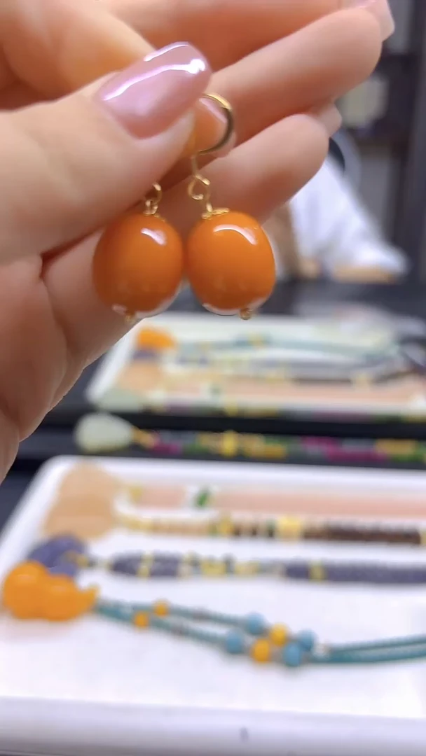 14K金镶嵌蜜蜡耳饰DIY款E72