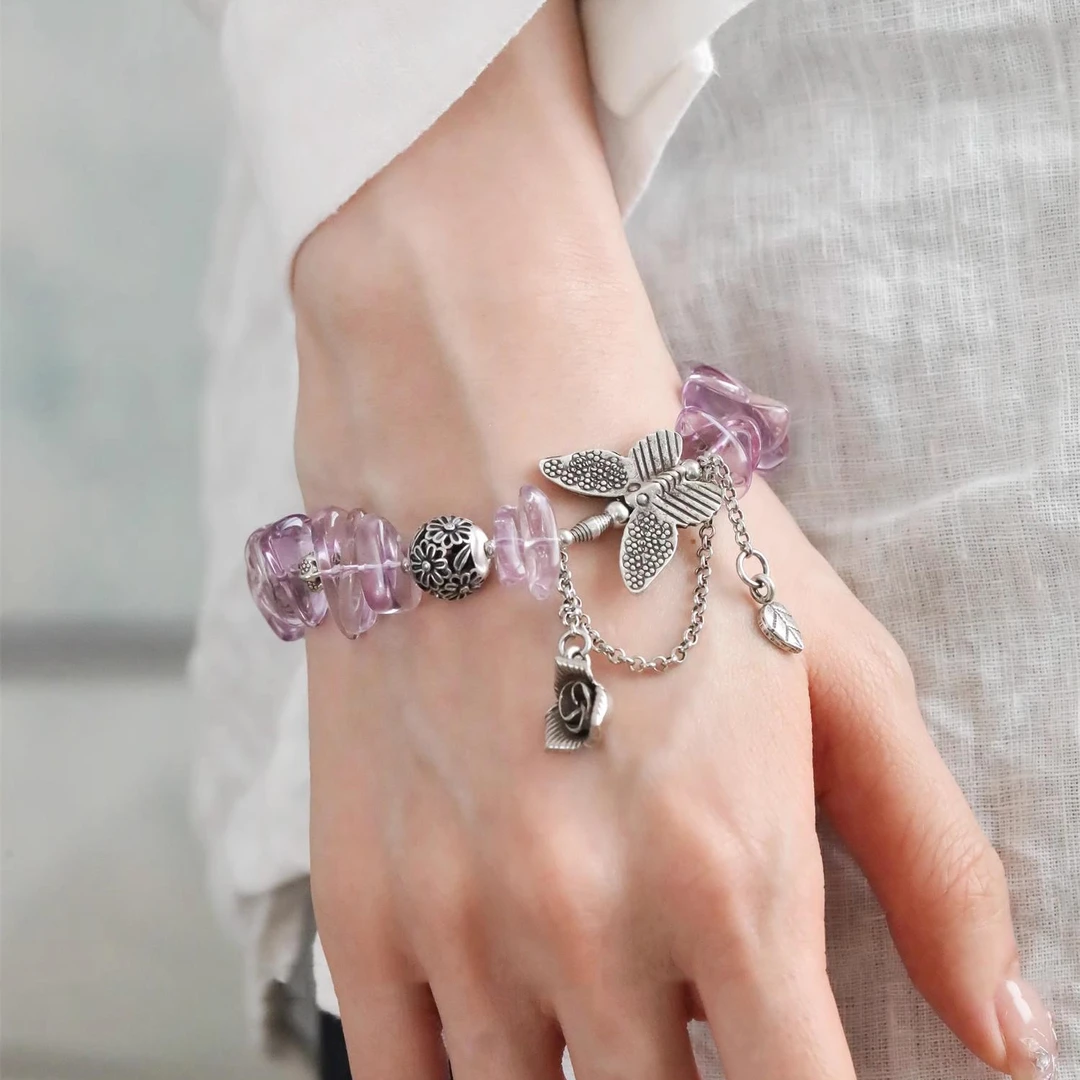 925银手链 S10561 花朵蝴蝶流苏随形紫水水手链百搭民族风古风