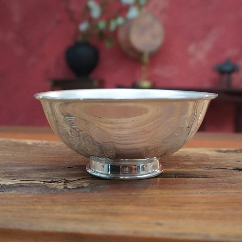 足银银制品 【锤痕银楼】足银古风回纹银碗