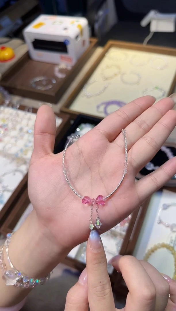 银S925镶嵌手链水晶银弯管爱心华子