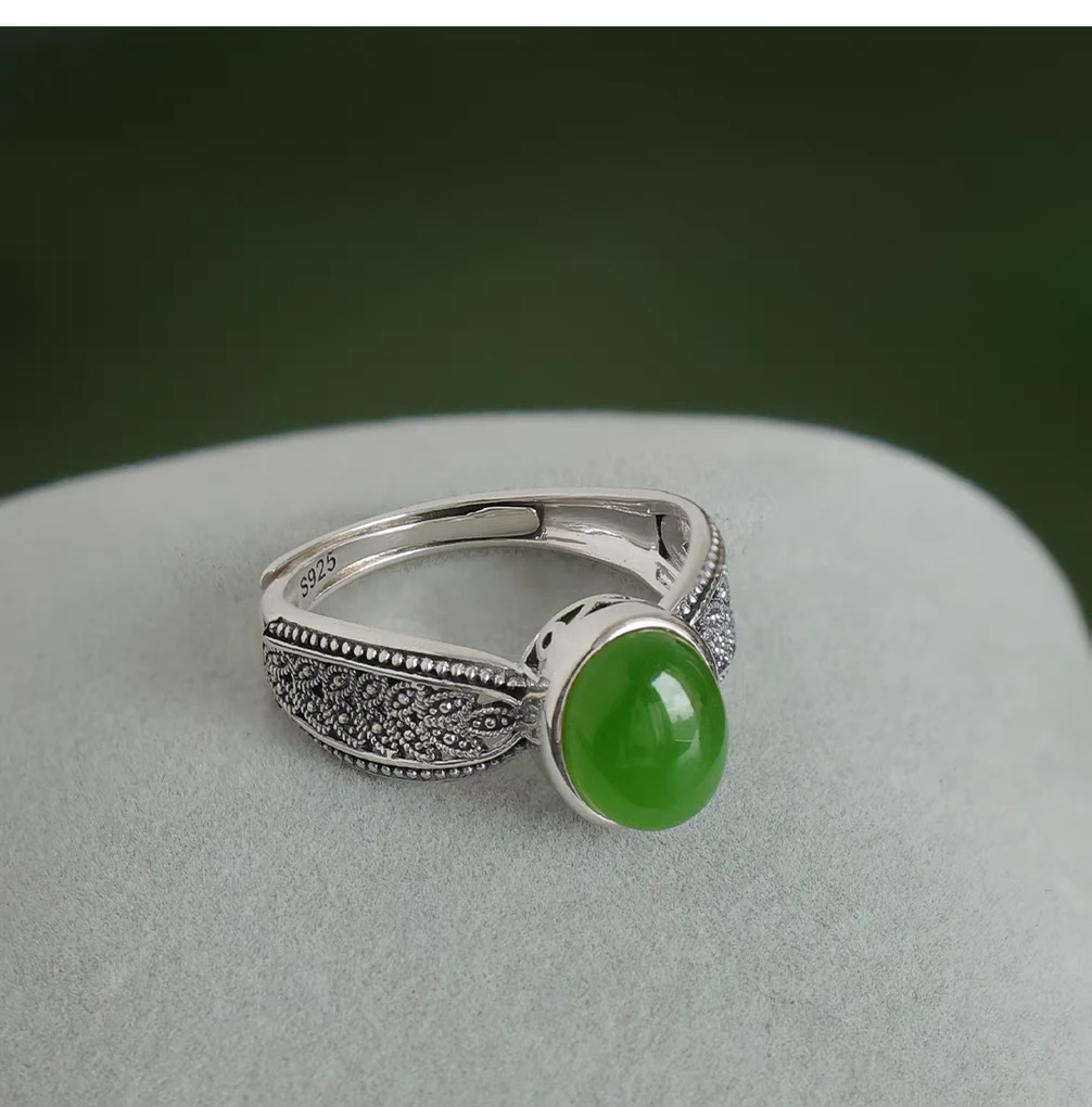 s925通体银镶嵌和田玉碧玉复古文艺民族风宝石戒可调节