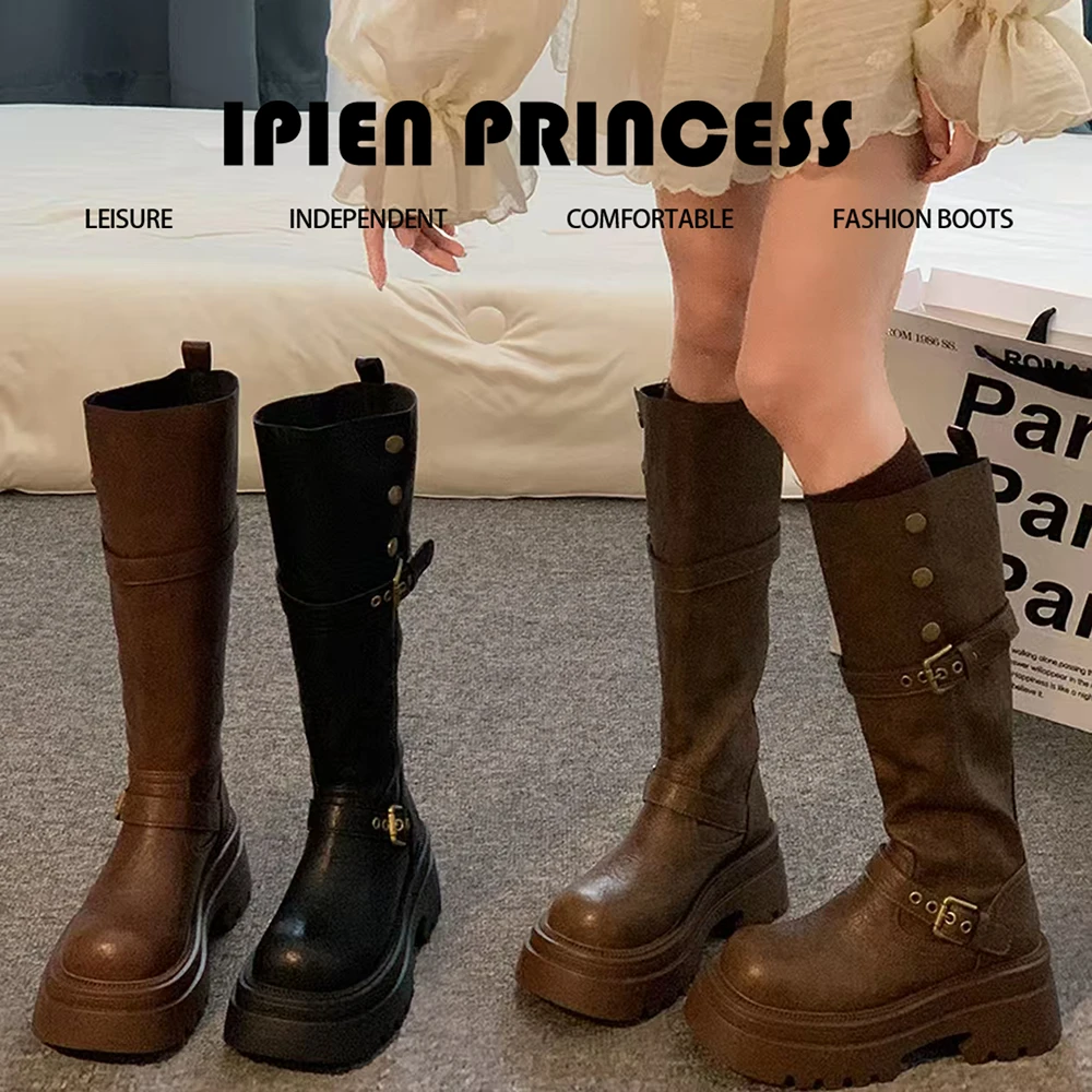 厚底增高显瘦美拉德加绒长筒靴女秋冬复古棕色加绒高筒骑士靴子女