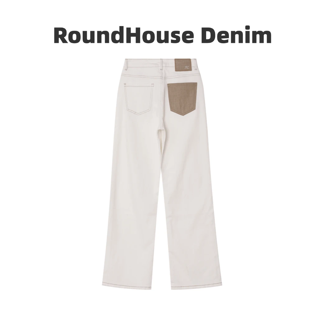 深圳南油/春夏新款法式白色弹力宽松麻料后袋直筒牛仔裤女20306