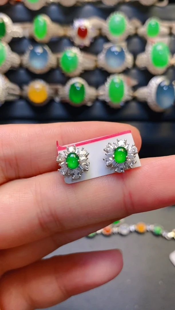 银S925镶嵌翡翠耳饰天然