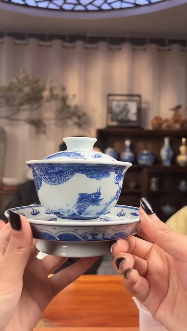 【闪购商品】盖碗景德镇青花鲤鱼化龙三才盖碗