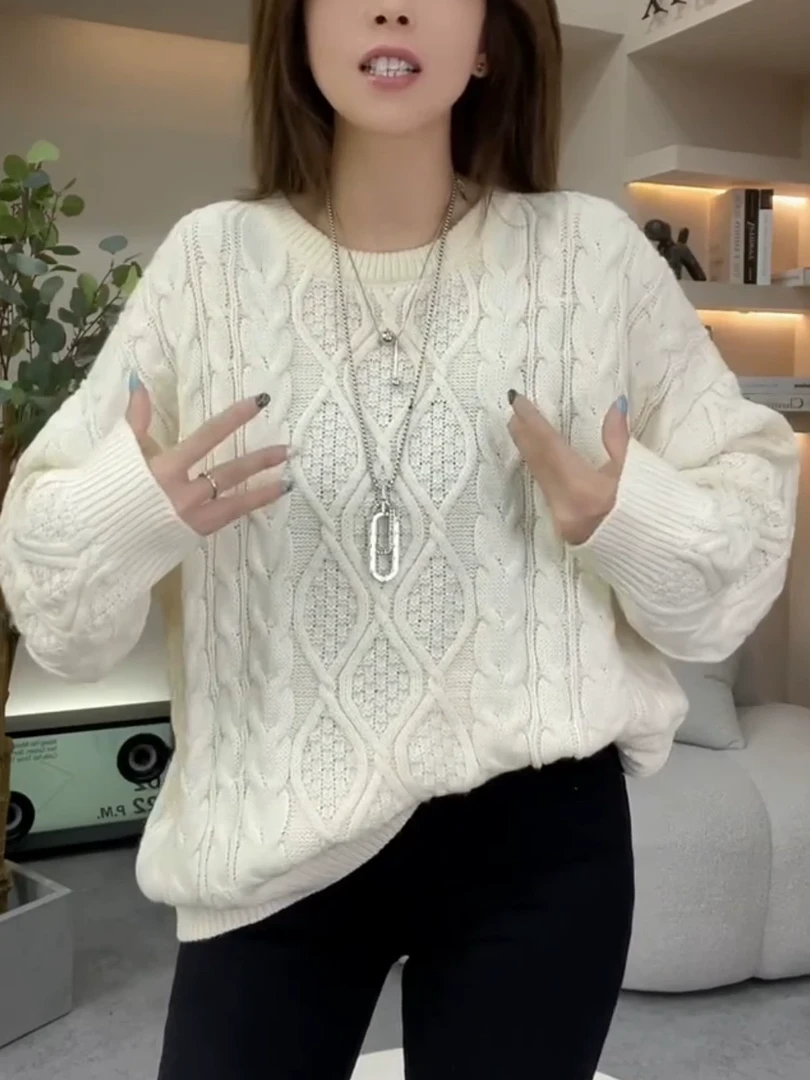 欧洲站秋季新款时尚圆领纯色宽松显瘦百搭长袖麻花纹针织衫女毛衣