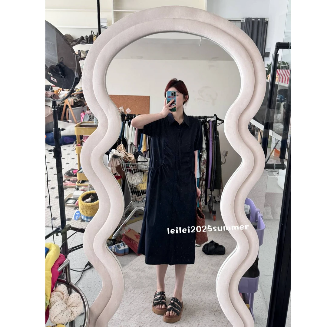 晶咕【舒服到不想脱】法式气质褶皱大口袋短袖连衣裙