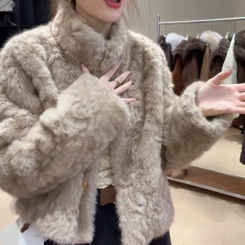 冬季新款复古立领洋气时尚纽扣毛毛短款外套上衣LK2508723