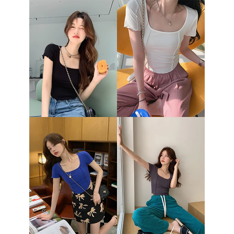 张贝贝ibell短款设计感减龄木耳边针织短袖上衣女修身显瘦方领T恤